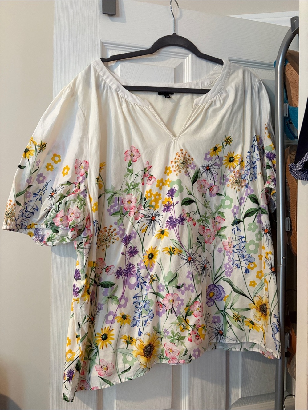 Talbots Cream Floral Peasant Blouse with Yellow, Pink & Purple Flowers
